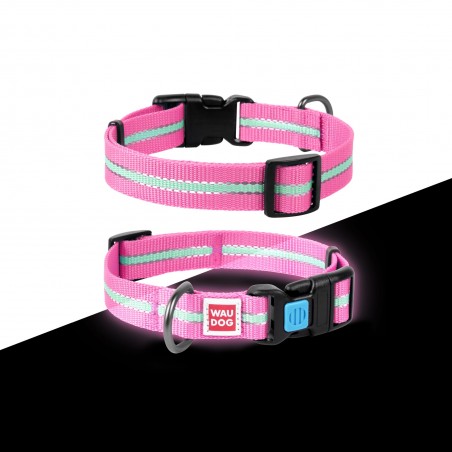 WAUDOG Nylon dog collar with QR passport, glow in the dark/reflective, plastic fastex, W 15 mm, L 23-35 cm pink