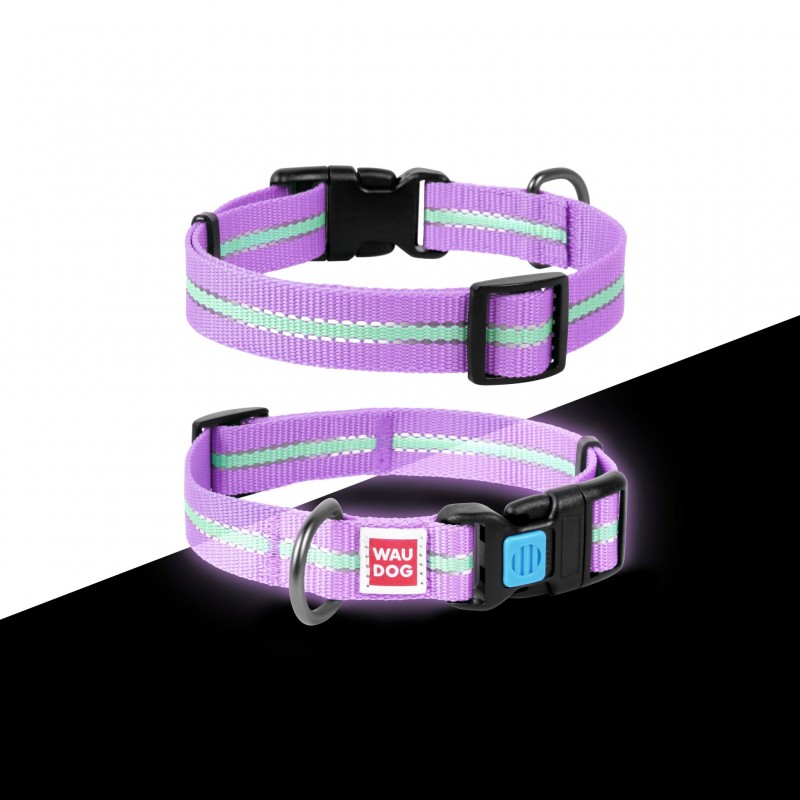 WAUDOG Nylon dog collar with QR passport, glow in the dark/reflective, plastic fastex, W 15 mm, L 23-35 cm purple