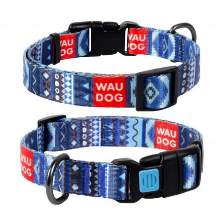 WAUDOG Nylon dog collar with QR passport, "Etno blue" design, plastic fastex, W 15 mm, L 23-35 cm