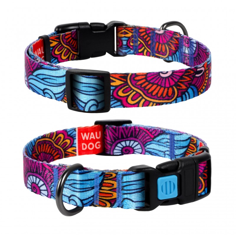 WAUDOG Nylon dog collar with QR passport, "Summer" design, plastic fastex, W 15 mm, L 23-35 cm