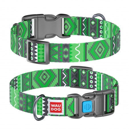 WAUDOG Nylon dog collar with QR passport, "Etno green" design, plastic fastex, W 25 mm, L 35-58 cm