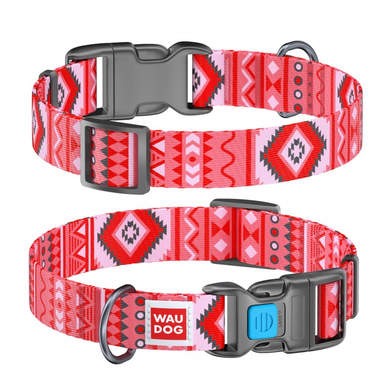 WAUDOG Nylon dog collar with QR passport, "Etno red" design, plastic fastex, W 25 mm, L 31-49 cm