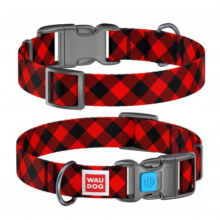 WAUDOG Nylon dog collar with QR passport, "Red plaid" design, plastic fastex, W 15 mm, L 23-35 cm