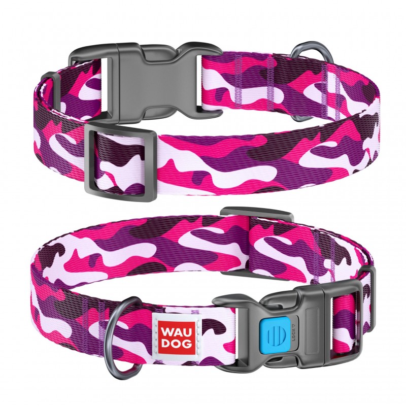 WAUDOG Nylon dog collar with QR passport, "Pink camo" design, plastic fastex, W 20 mm, L 24-40 cm