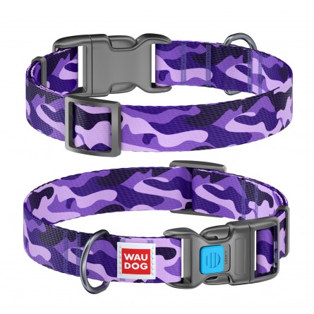 WAUDOG Nylon dog collar with QR passport, "Purple camo" design, plastic fastex, W 20 mm, L 24-40 cm