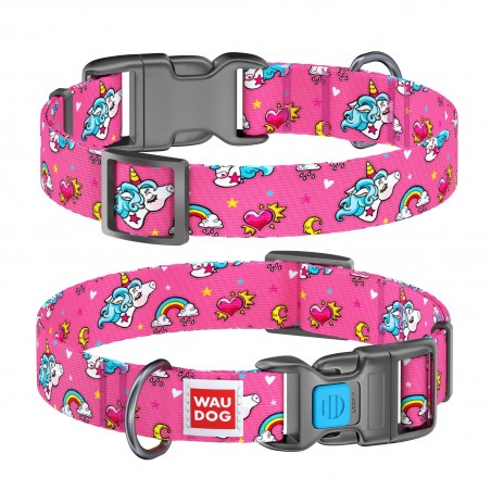 WAUDOG Nylon dog collar with QR passport, "Unicorns" design, plastic fastex, W 15 mm, L 23-35 cm