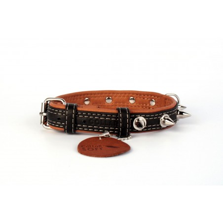 WAUDOG Soft genuine leather dog collar with QR passport, spiked, W 35 mm, L 46-60 cm