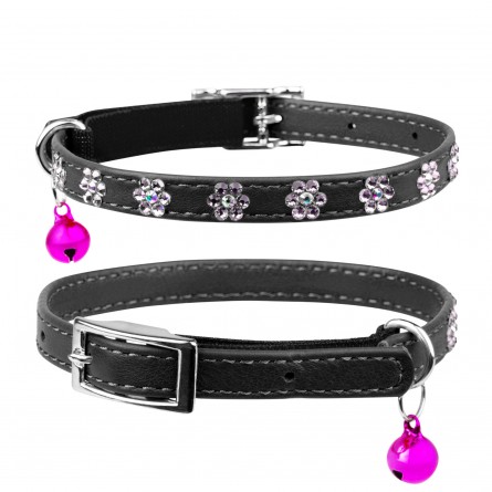 Leather collar "WAUDOG GLAMOUR" with rubber band and glue decorations "Flower" for cats (width 9mm, length 22-30cm) black
