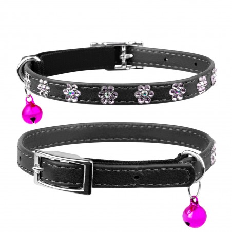 Leather collar "WAUDOG GLAMOUR" with rubber band and glue decorations "Flower" for cats (width 9mm, length 22-30cm) black
