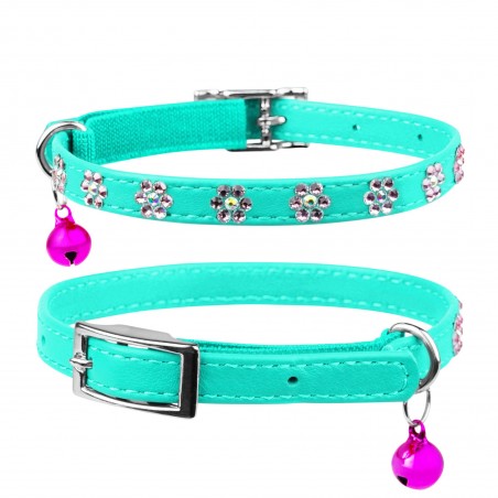 Leather collar "WAUDOG GLAMOUR" with rubber band and glue decorations "Flower" for cats (width 9mm, length 22-30cm) mint