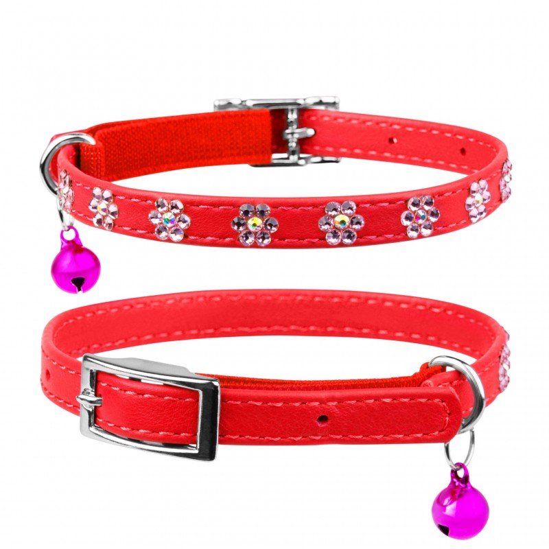 Leather collar "WAUDOG GLAMOUR" with rubber band and glue decorations "Flower" for cats (width 9mm, length 22-30cm) red