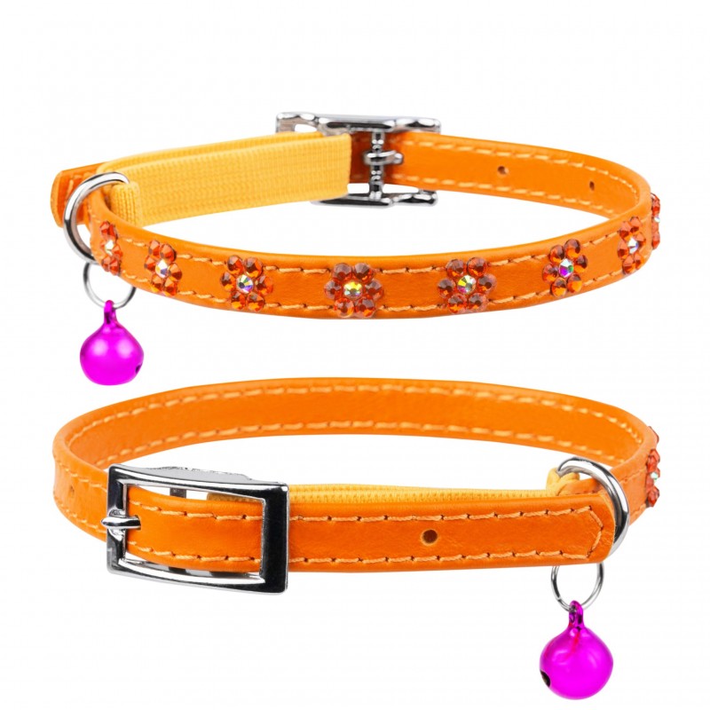 Leather collar "WAUDOG GLAMOUR" with rubber band and glue decorations "Flower" for cats (width 9mm, length 22-30cm) orange