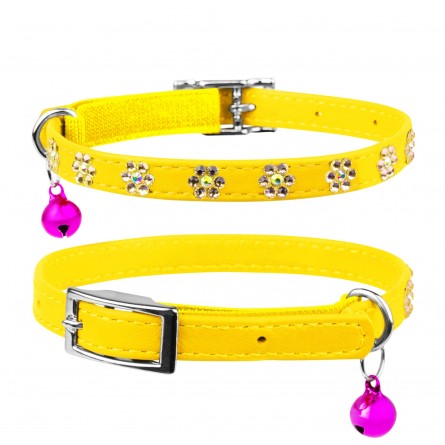 Leather collar "WAUDOG GLAMOUR" with rubber band and glue decorations "Flower" for cats (width 9mm, length 22-30cm) yellow