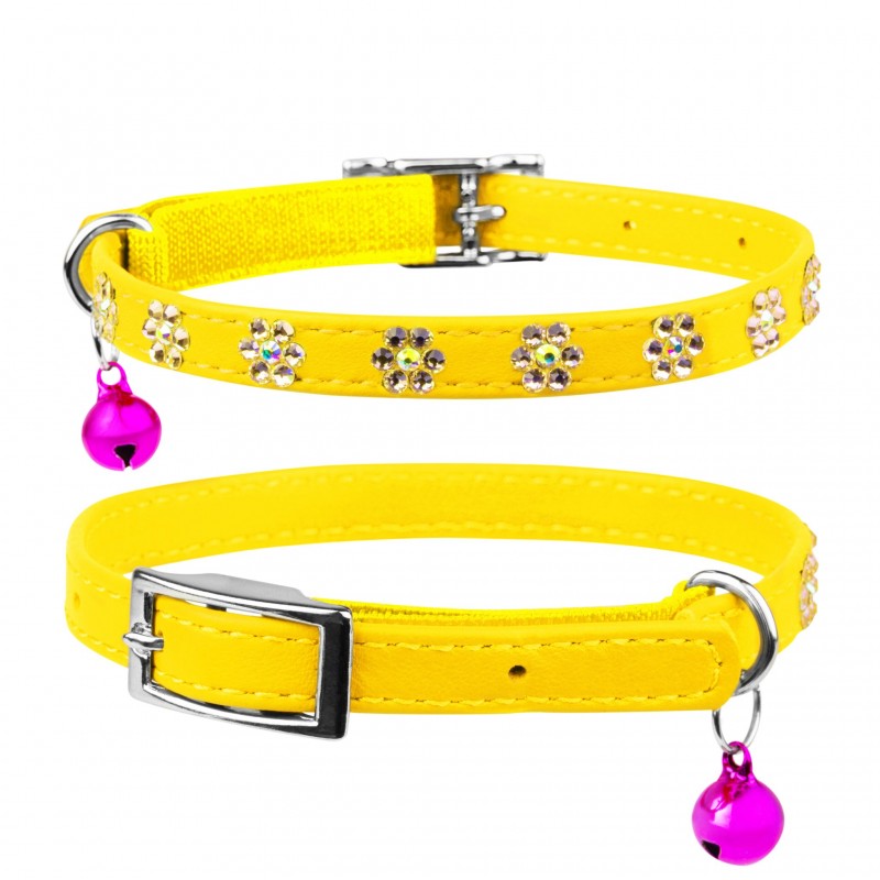 Leather collar "WAUDOG GLAMOUR" with rubber band and glue decorations "Flower" for cats (width 9mm, length 22-30cm) yellow